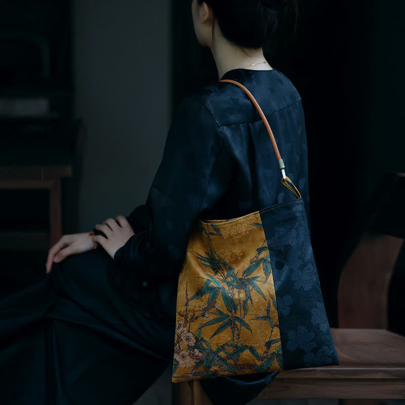 Bolso de hombro con Buddha Stones, hojas de bambú, flor, mariposa, caqui