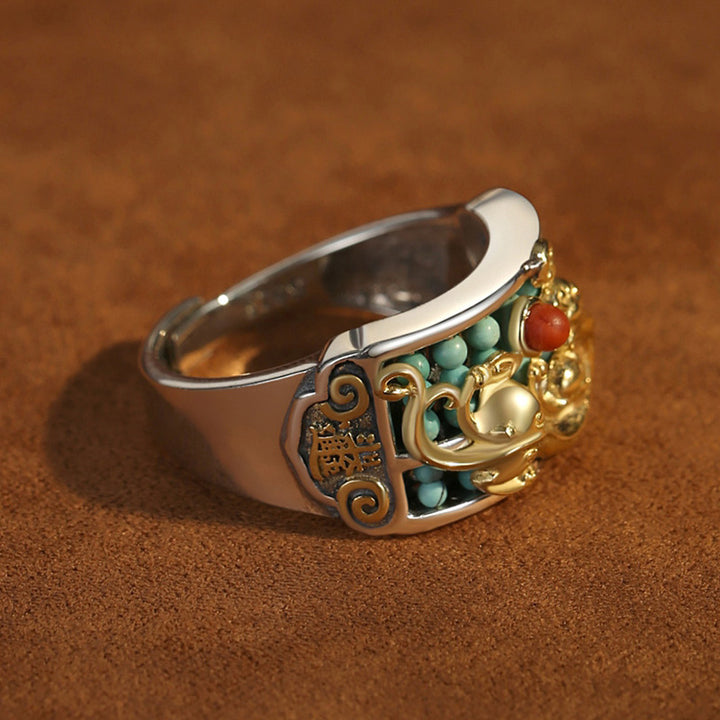 Anillo de protección de ábaco PiXiu de ágata roja turquesa de plata de ley 925 con Buddha Stones