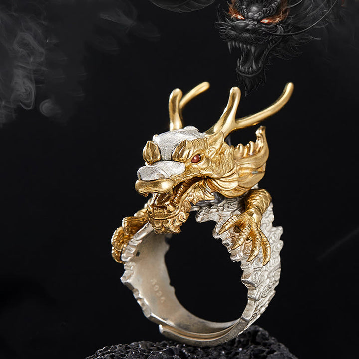 Colgante de anillo ajustable con protección de éxito de la suerte del dragón de plata de ley 925 con Buddha Stones
