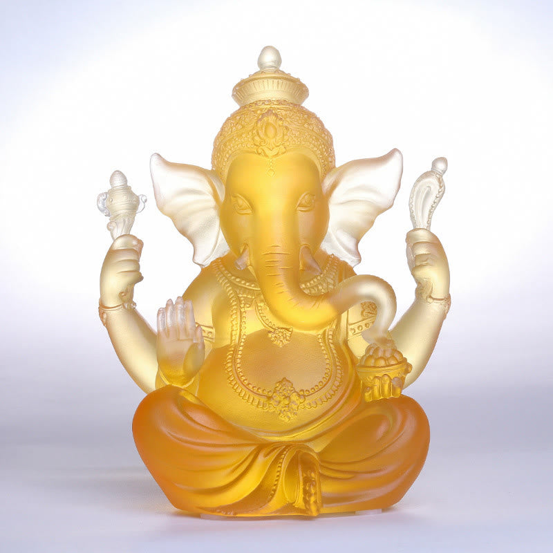Buddha Stones hechas a mano, Ganesh Ganpati, estatuilla de elefante Liuli, pieza de arte con cristal, estatua de protección, decoración del hogar - Ganesh color ámbar 11,5 x 9 x 14,5 cm - image 0