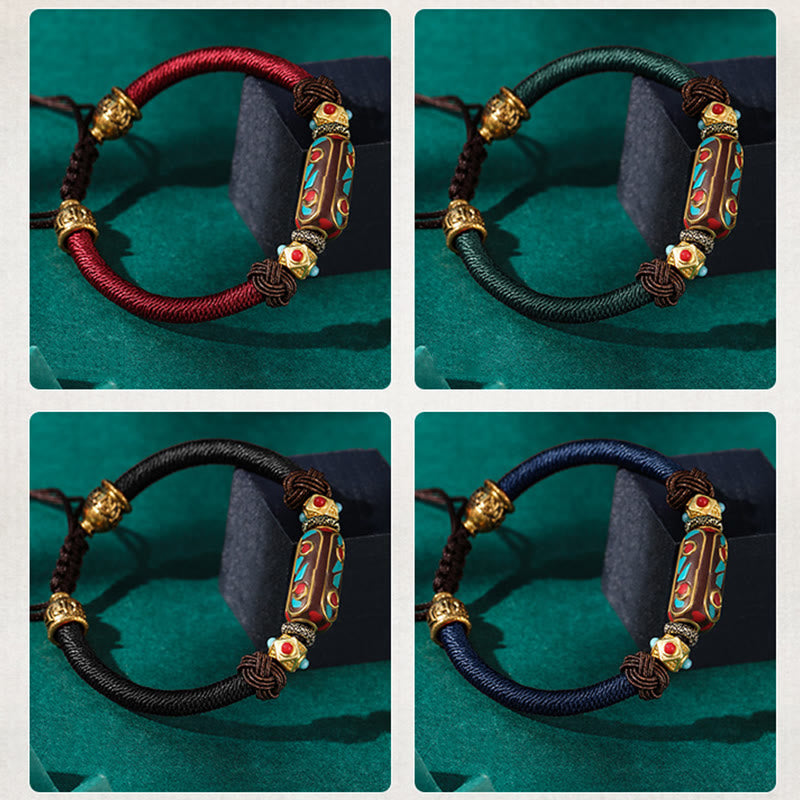 Pulsera trenzada de fuerza Om Mani Padme Hum de turquesa tibetana hecha a mano con Buddha Stones