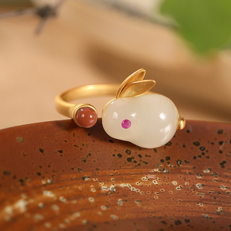 Buddha Stones Plata de Ley 925 Año del Conejo Hetian Jade Anillo de la Suerte Pendientes Collar Colgante