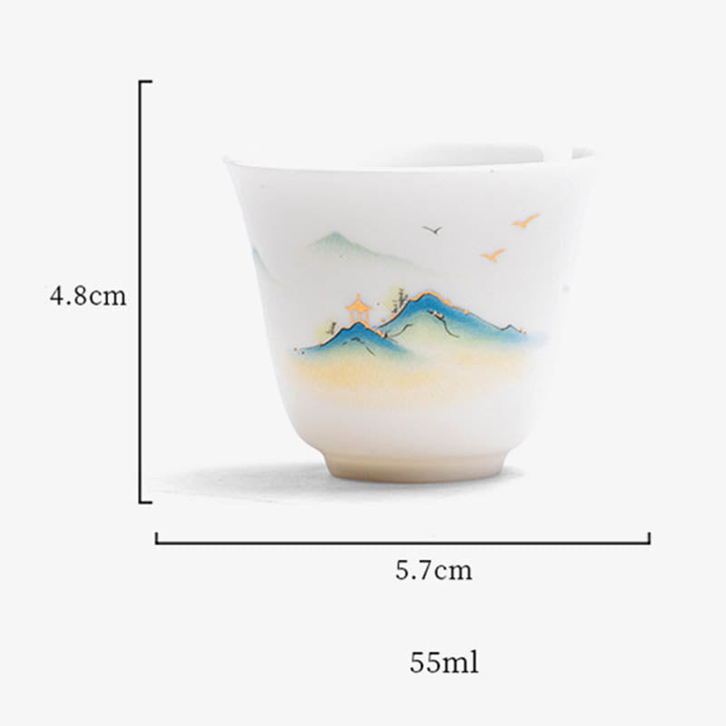 Taza de té de cerámica con Buddha Stones, flor de loto, hoja, montaña, pabellón, alce, peonía, taza de té de Kung Fu