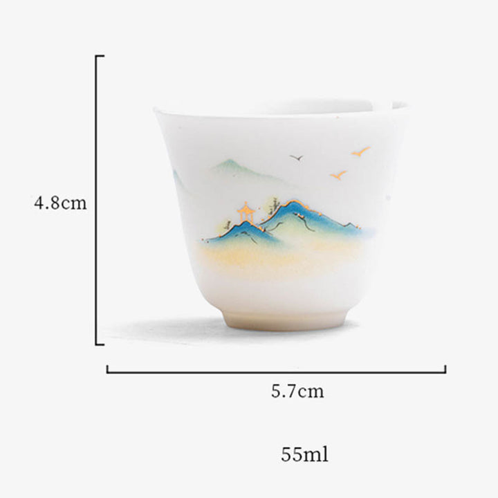 Taza de té de cerámica con Buddha Stones, flor de loto, hoja, montaña, pabellón, alce, peonía, taza de té de Kung Fu