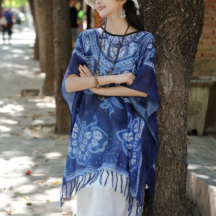 Jersey de viaje acogedor con borlas y chal teñido añil de mariposa azul con Buddha Stones 90*95cm