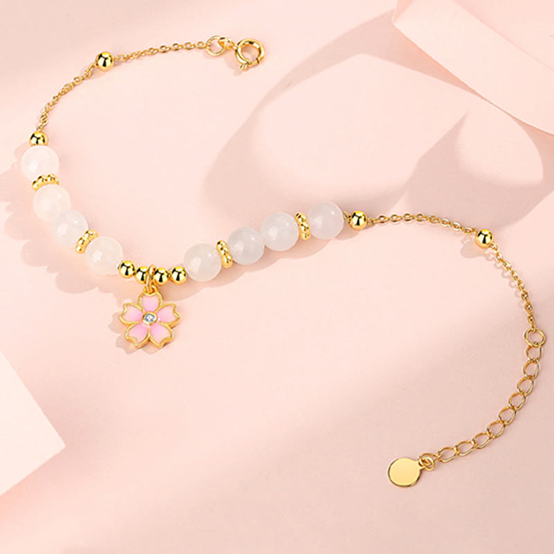 Pulsera de protección de flor de cerezo de jade blanco hetiano de plata de ley 925 con Buddha Stones