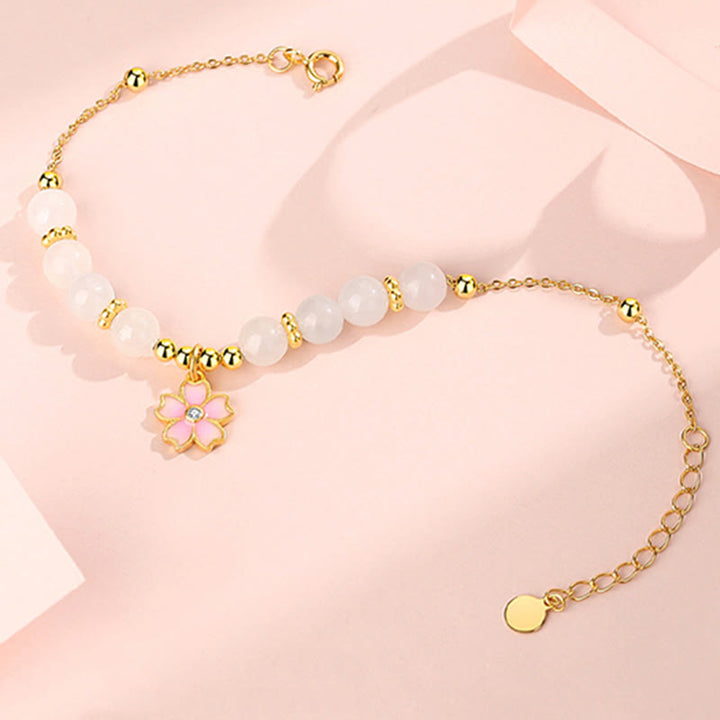 Pulsera de protección de flor de cerezo de jade blanco hetiano de plata de ley 925 con Buddha Stones