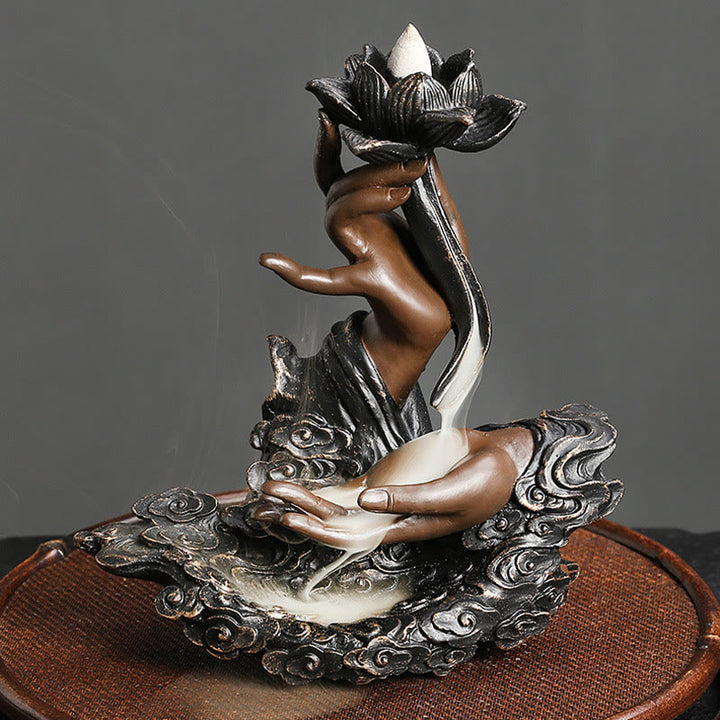 Quemador de incienso de reflujo de resina para meditación, diseño de nubes propicias, mano de Buda de loto, Buddha Stones