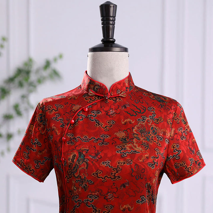 Vestido Cheongsam con estampado de hojas y nubes propicias vintage de Buddha Stones vestido Qipao para mujer