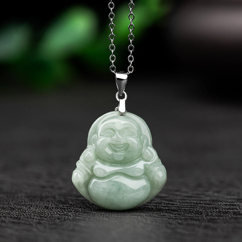 Collar con colgante de cadena de jade de Buda sonriente de plata de ley 925 con Buddha Stones - Jade - image 1