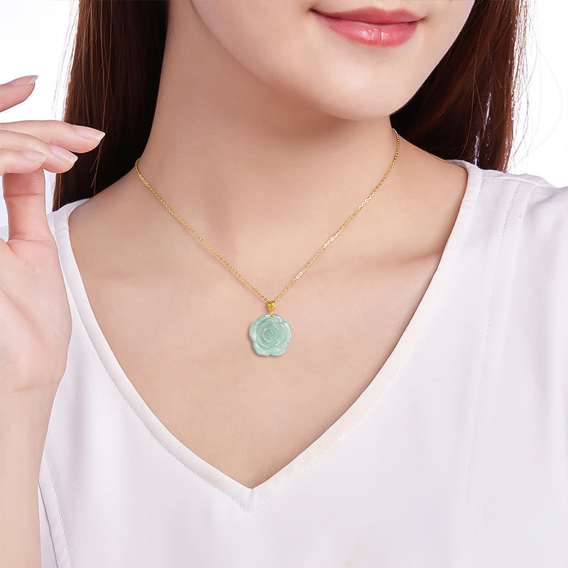 Colgante de collar de la suerte de rosa de jade natural de plata de ley 925 de oro de 18 Buddha Stones