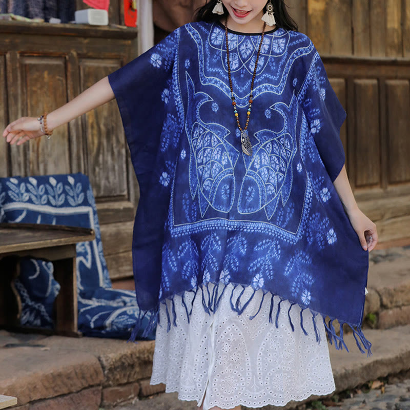 Jersey de viaje suave con borlas y chal de pez Koi teñido anudado azul con Buddha Stones 90*95cm