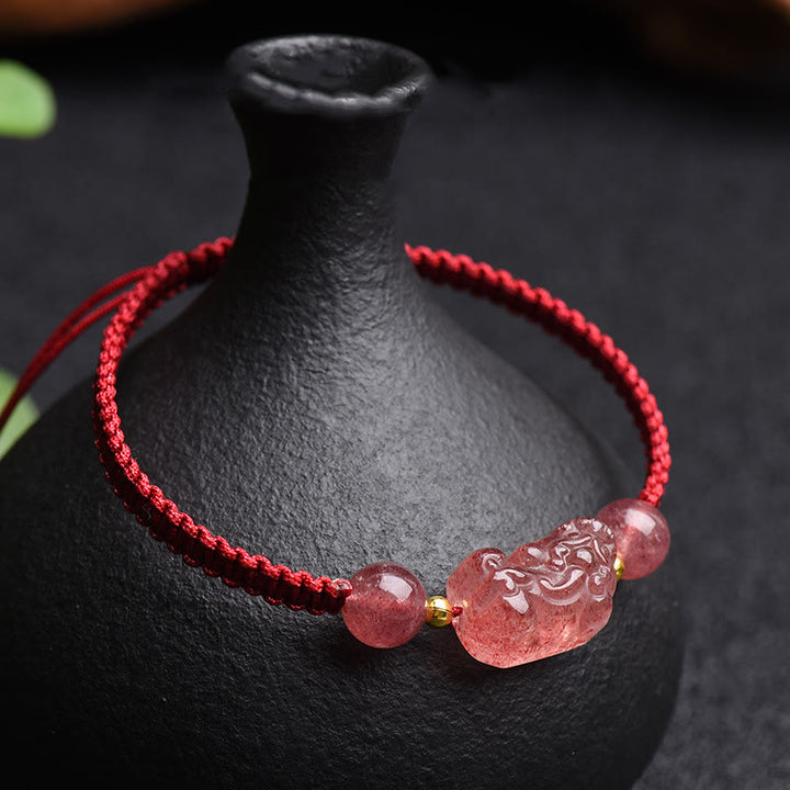 Pulsera de hilo rojo de la suerte PiXiu de cuarzo fresa Natural con Buddha Stones