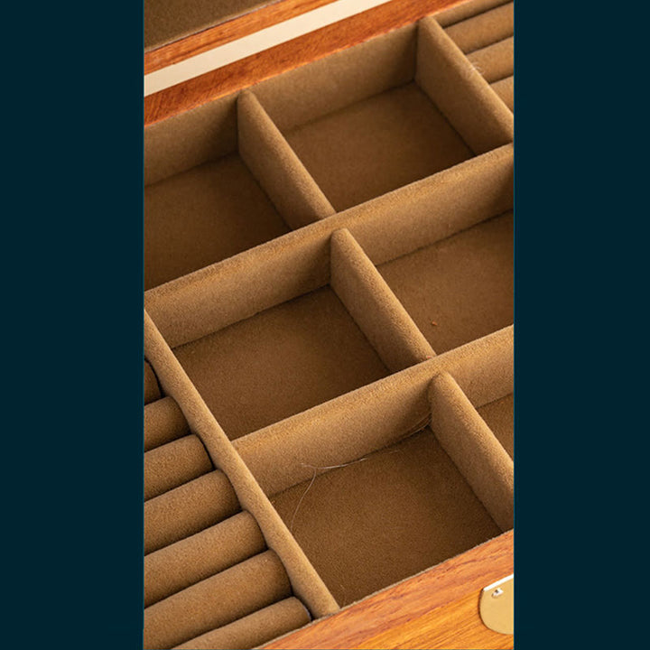 Caja de almacenamiento de joyería de palisandro hecha a mano antigua, caja organizadora de regalo de madera con flores de doble capa grande con cerradura