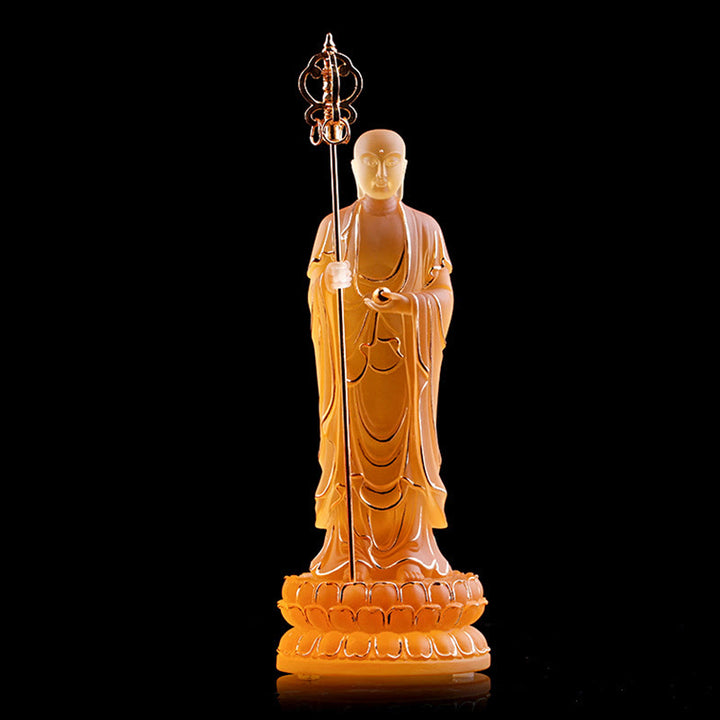 Buddha Stones hechas a mano, estatuilla de Bodhisattva Ksitigarbha, pieza de arte de cristal Liuli, estatua de serenidad, decoración del hogar