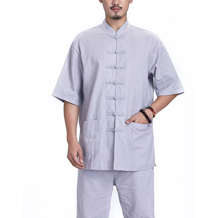 Conjunto de ropa de yoga para hombre con diseño de botón de rana china y Buddha Stones, de lino y algodón para meditación y oración - Gris (manga corta) - US/UK/AU44，EU54 (3XL) - image 20