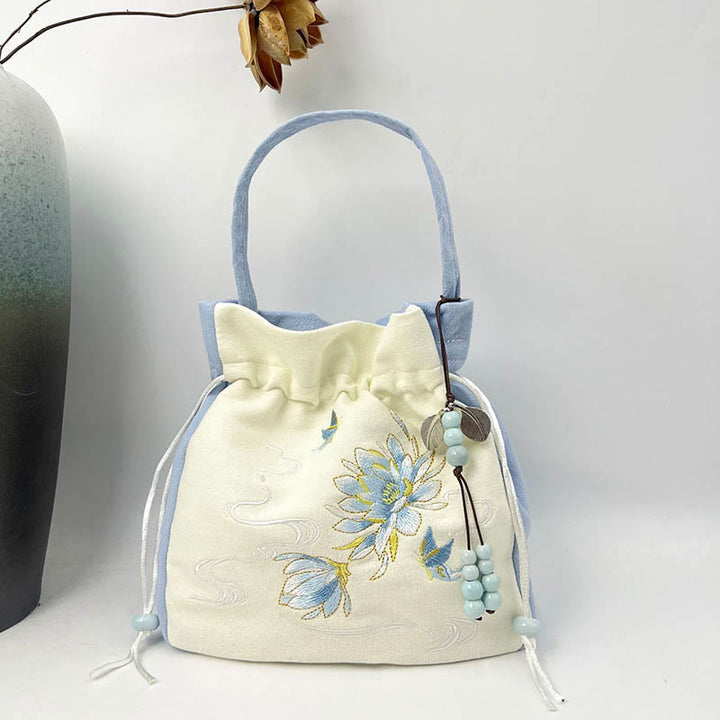 Bolso bandolera con Buddha Stones, bordado, mariposa, loto, magnolia, algodón y lino