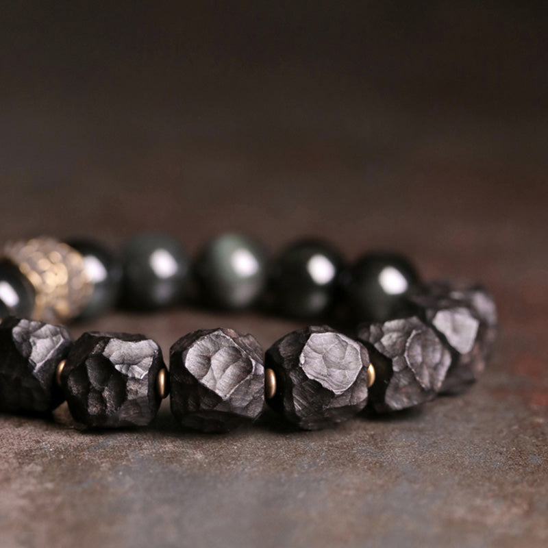 Pulsera de pareja de fuerza de cobre de madera de ébano de obsidiana negra con Buddha Stones