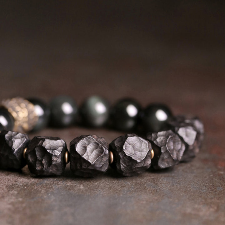 Pulsera de pareja de fuerza de cobre de madera de ébano de obsidiana negra con Buddha Stones