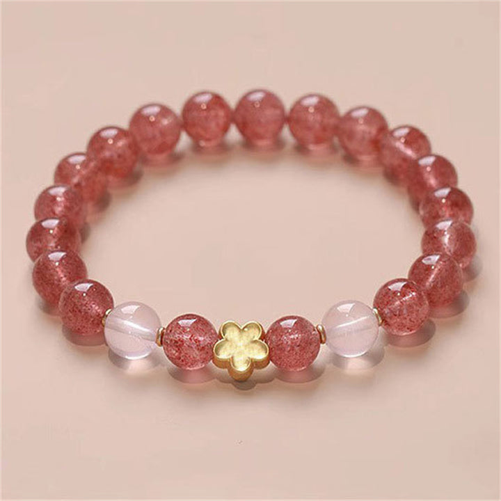 Pulsera curativa de la fortuna con Buddha Stones, Cuarzo Fresa Natural, flor de melocotón, PiXiu