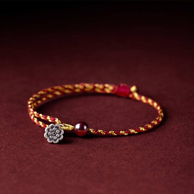 Pulsera trenzada con dije de paz y alegría de loto de cuerda de oro rojo hecha a mano con Buddha Stones