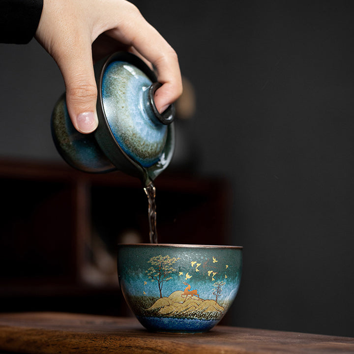 Taza de té de cerámica con Buddha Stones , ciervo, árboles de montaña, gato encantador, taza de té negra con tapa y bolsa