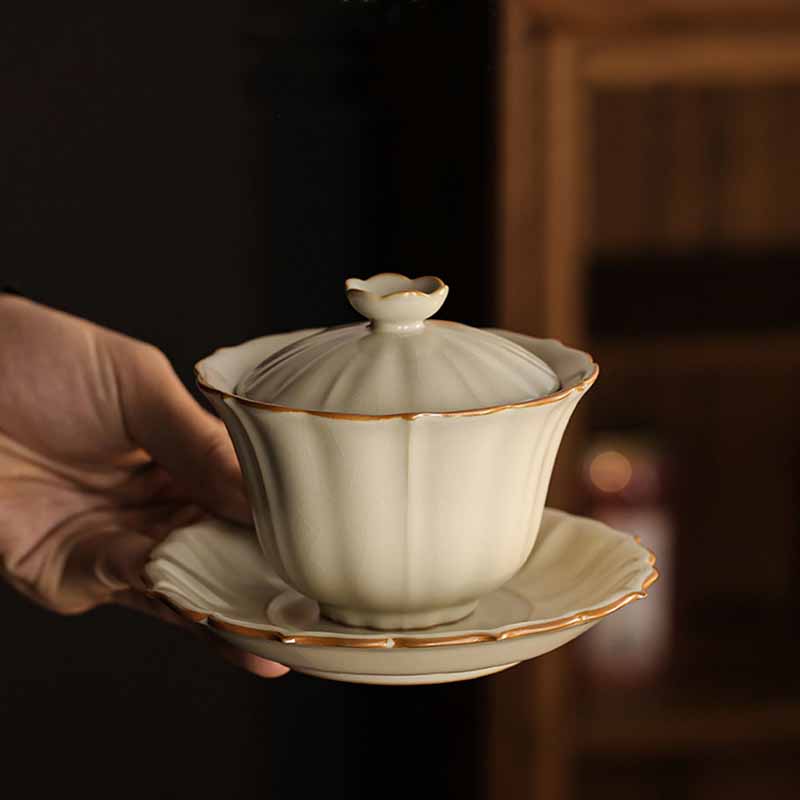 Buddha Stones, forma de flor de ciruelo Beige, rama de melocotón, taza de té de cerámica Gaiwan Sancai, taza de té de Kung Fu con tapa