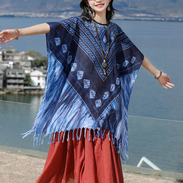 Jersey suave con chal Batik de rayas triangulares azules con Buddha Stones 90*95cm