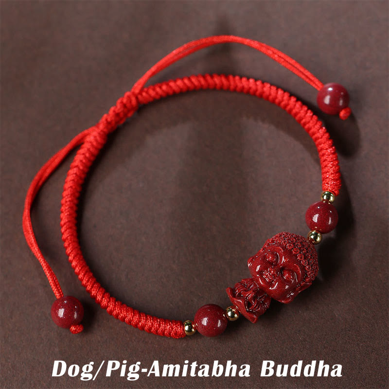 Pulsera de cuerda de bendición con amuleto de cinabrio de Buda natal del zodíaco chino con Buddha Stones