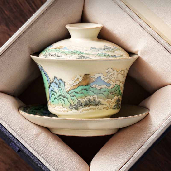 Buddha Stones, un panorama de ríos y montañas, flores, taza de té de cerámica Gaiwan Sancai, taza de té de Kung Fu y platillo con tapa