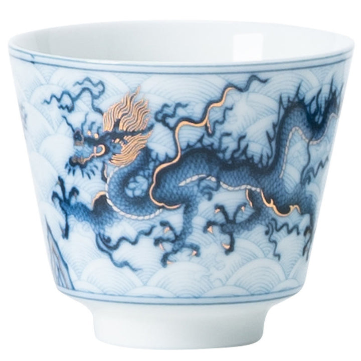 Tazas de té de cerámica con diseño de dragón blanco y azul pequeño de Buddha Stones, tazas de té de Kung Fu de 45ml