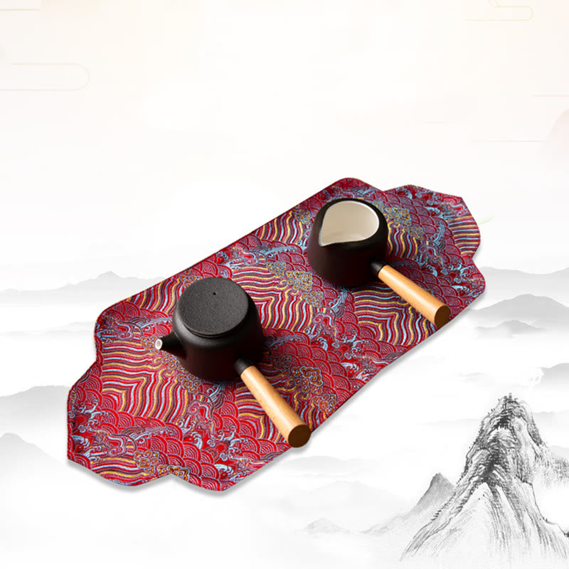 Tapete para taza con bordado de brocado de flor de ciruelo de bambú, posavasos para taza de té, Buddha Stones, ola de mar, tapete para té Kung Fu
