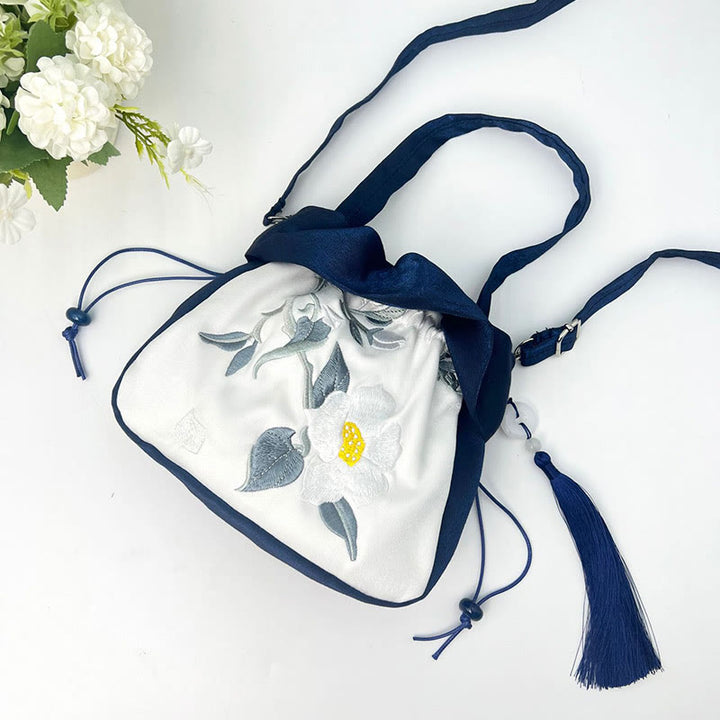 Buddha Stones Suzhou Bordado Camelia Magnolia Peonía Loto Seda Bolso Bandolera Bolso Bandolera Bolso