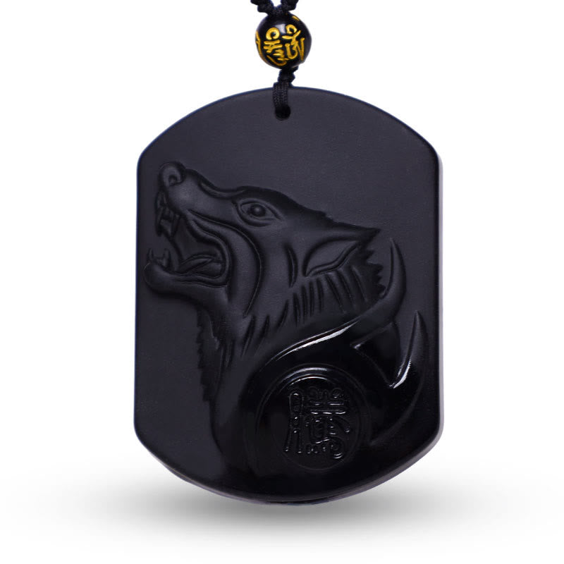 Collar con colgante de purificación de lobo de piedra de obsidiana negra con Buddha Stones