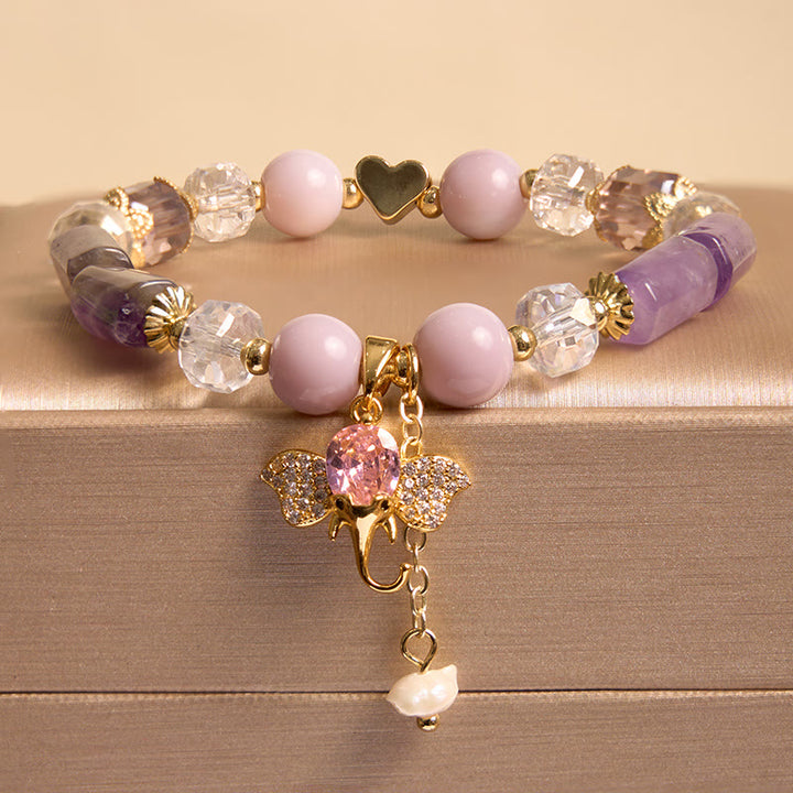 Pulsera con dije de elefante positivo, Buddha Stones , amatista, aventurina verde, cuarzo fresa