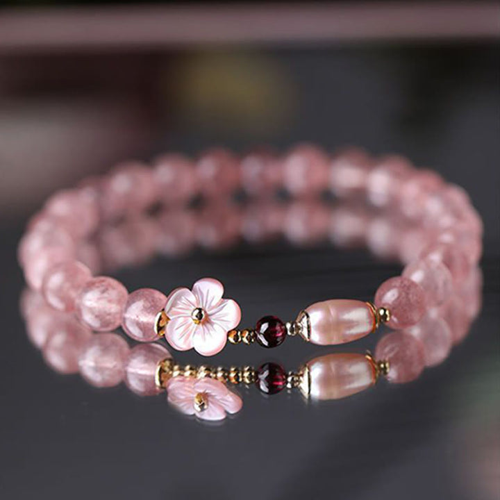 Pulsera de amor con Buddha Stones, cuarzo fresa, flor de melocotón