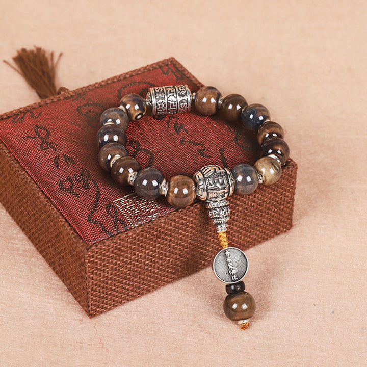 Buddha Stones Tíbet Om Mani Padme Hum Rueda de oración Dorje Vajra Pulsera de sabiduría con cuentas de vidrio grabadas