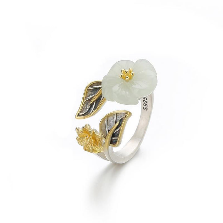 Anillo de la suerte de la hoja de la flor del ciruelo del jade blanco del cobre plateado 925 de las Buddha Stones