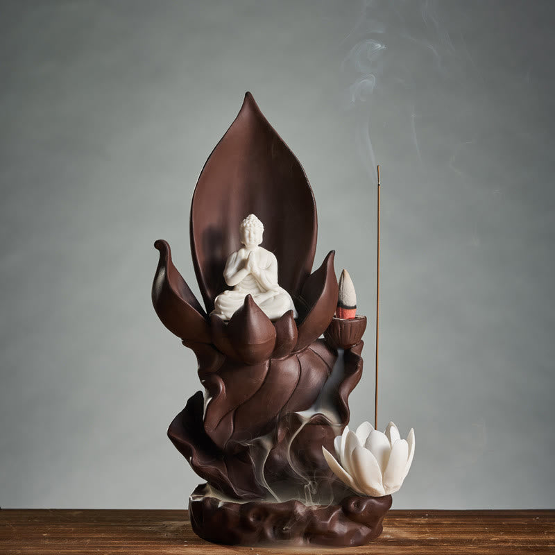 Quemador de incienso de arcilla púrpura, iluminación, Buddha Stones de loto, Avalokitesvara, decoración