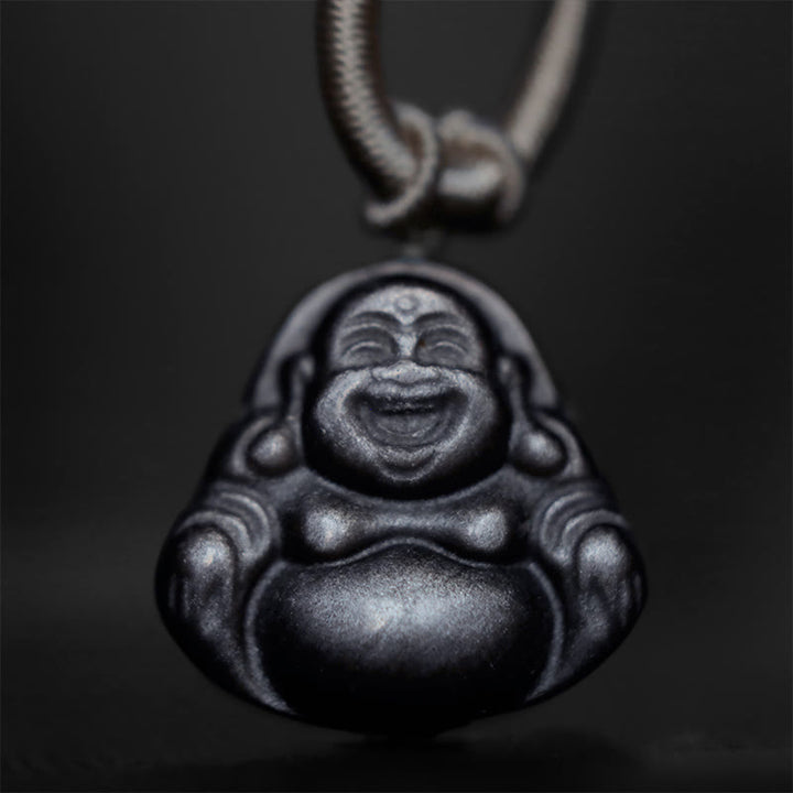 Colgante de collar de protección de Buda sonriente de obsidiana brillante de plata natural con Buddha Stones - image 5