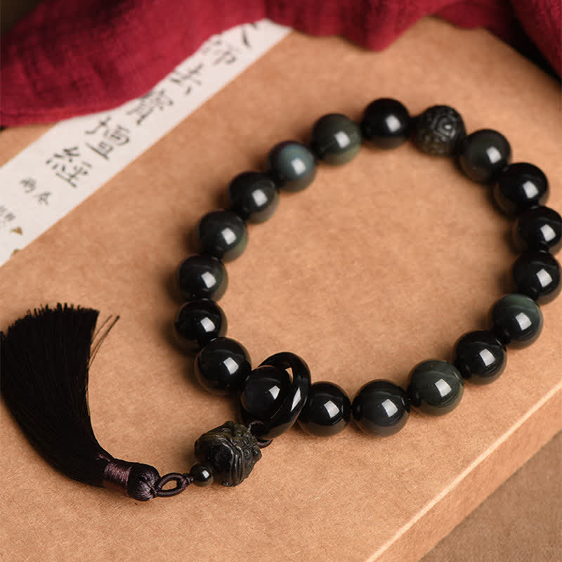 Buddha Stones negra Natural León muñeca Mala protección borlas bolsillo Mala decoración del coche
