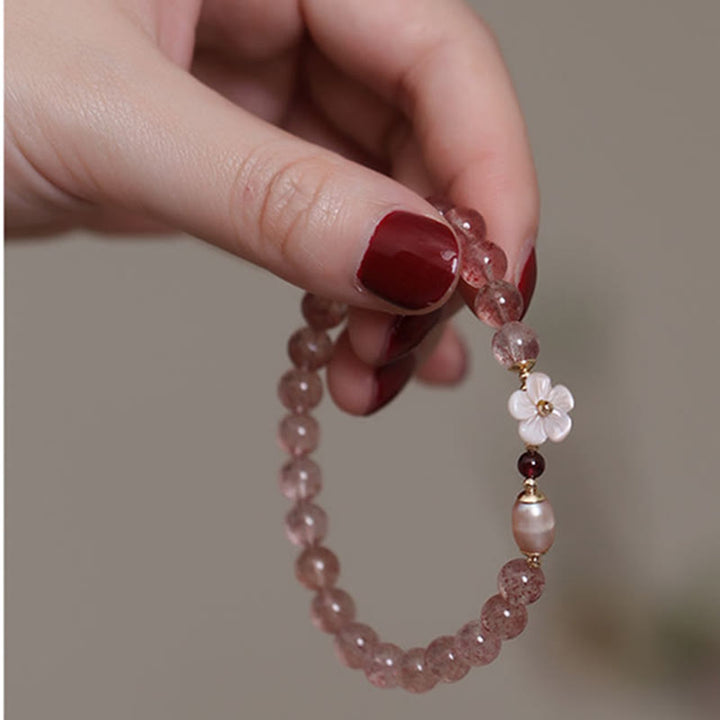 Pulsera de amor con Buddha Stones, cuarzo fresa, flor de melocotón