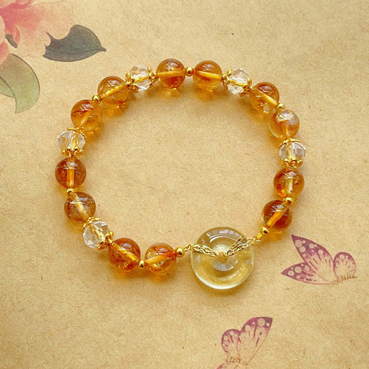 Pulsera de prosperidad de cristal citrino con hebilla de paz y Buddha Stones