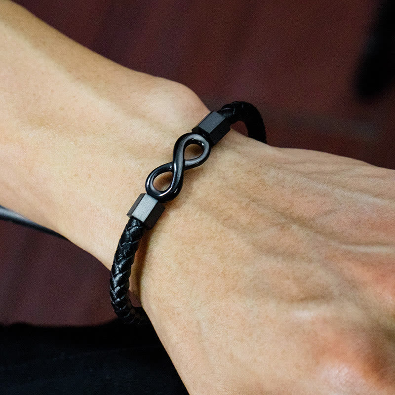 Pulsera de equilibrio de tejido de cuero infinito de acero titanio con nudo sin fin de Buddha Stones