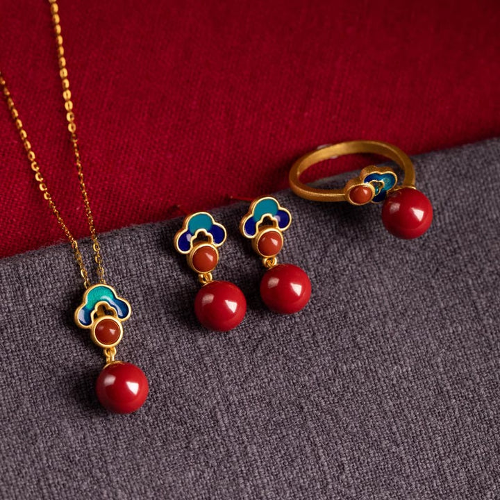 Juego de anillos y pendientes con colgante de ágata roja y cinabrio chapado en plata de ley 925 con Buddha Stones