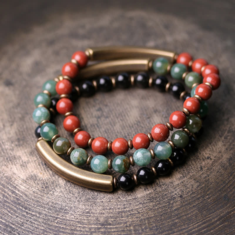 Pulsera de pareja de paz con Buddha Stones, jaspe rojo, ágata de musgo, cristal de obsidiana negra, cobre