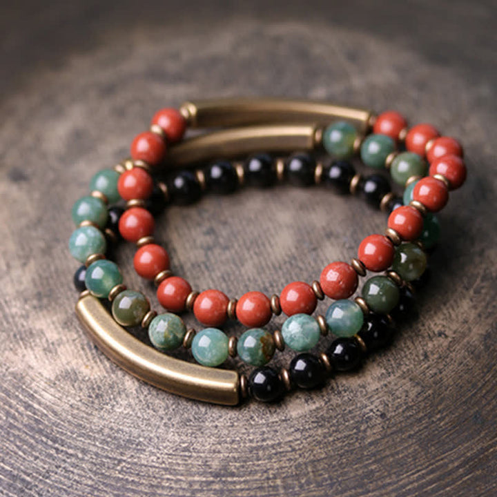 Pulsera de pareja de paz con Buddha Stones, jaspe rojo, ágata de musgo, cristal de obsidiana negra, cobre