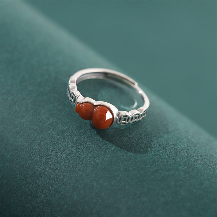 Anillo de autoaceptación de moneda de cobre con forma de calabaza de ágata roja de Plata de Ley 925 con Buddha Stones