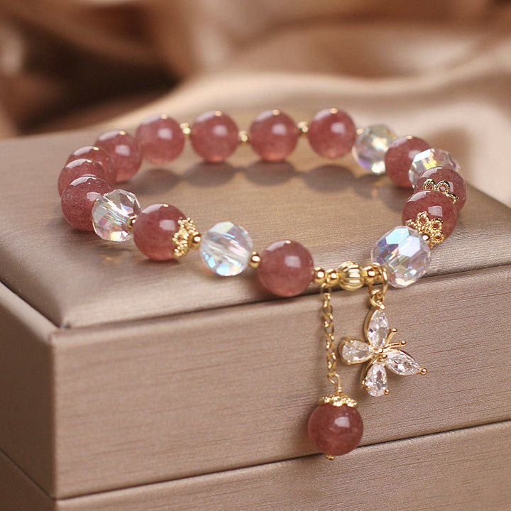 Pulsera con dije de mariposa curativa de amor de cuarzo fresa natural con Buddha Stones