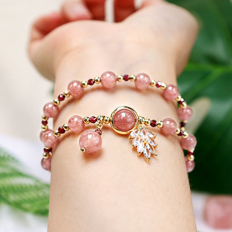Pulsera de doble envoltura con dije de hoja de arce curativo de amor de cuarzo fresa natural